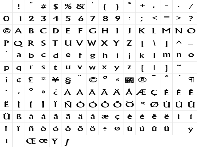 AcclaimWide Regular Character Map AcclaimWide Regular Character Map
