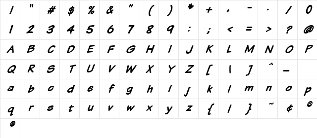 VTCSundaykomix Bold Italic Character Map