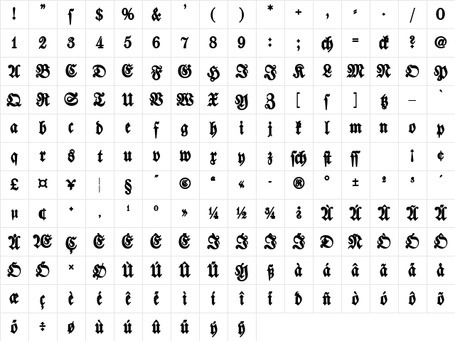 Walbaum-Fraktur Bold Character Map