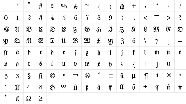 WalbaumFraktur Regular Character Map