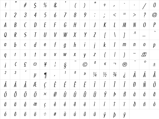 Kudos Light Condensed SSi Light Condensed Italic Character Map