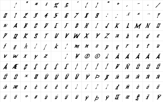 WARPED29 HU Italic Character Map