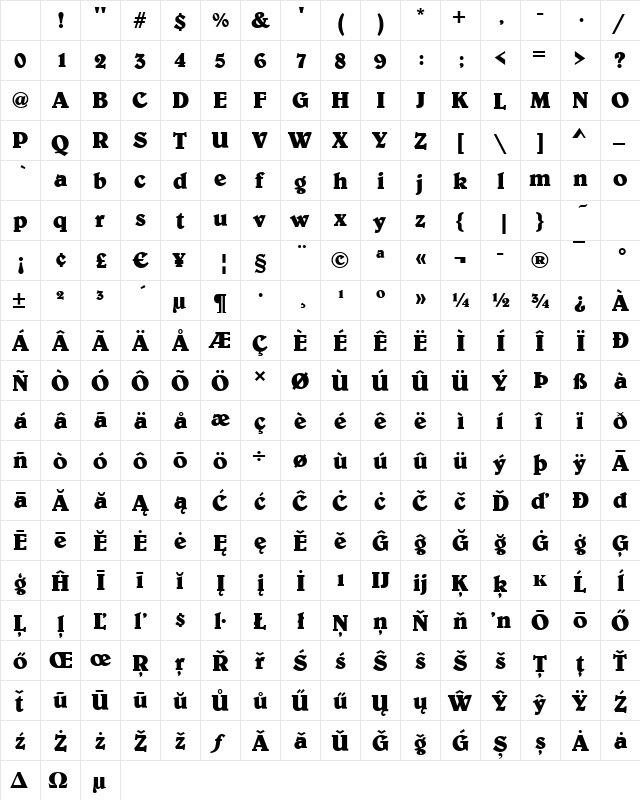 Benson-Bold Regular Character Map Benson-Bold Regular Character Map