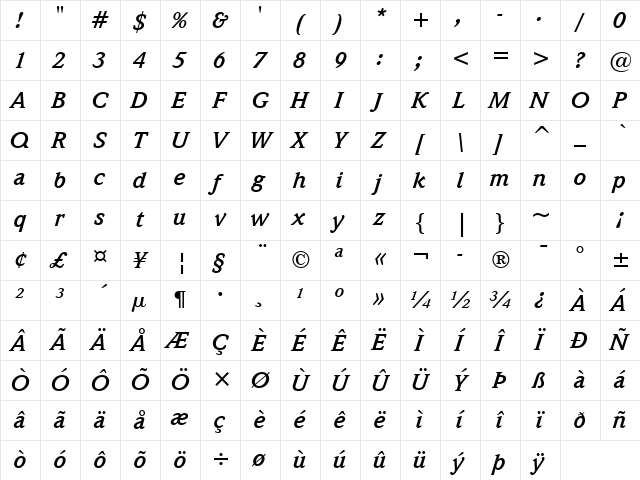Weidemann Bk BT Bold Italic Character Map