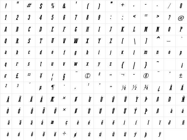 Western Bang Bang Clean Italic Character Map