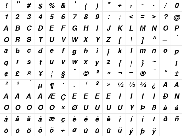 WestSansSSK BoldItalic Character Map