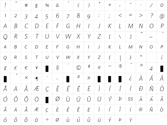 Whitney-Light SC Italic Character Map