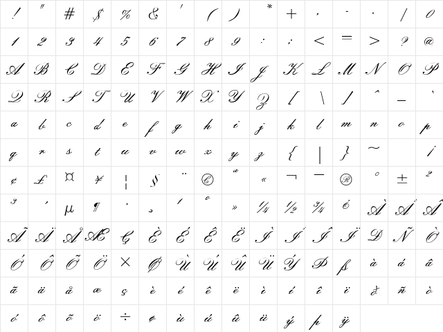 WindemereScriptSSK Regular Character Map