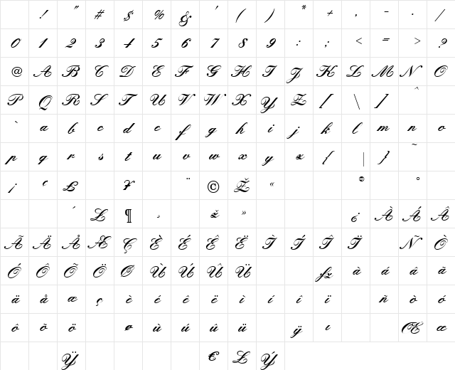 Kunstler Bold Regular Character Map