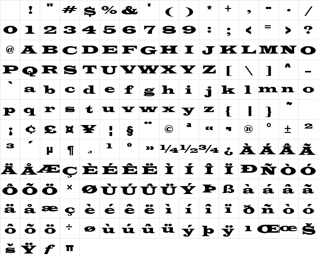 Wide Latin Regular Character Map Wide Latin Regular Character Map
