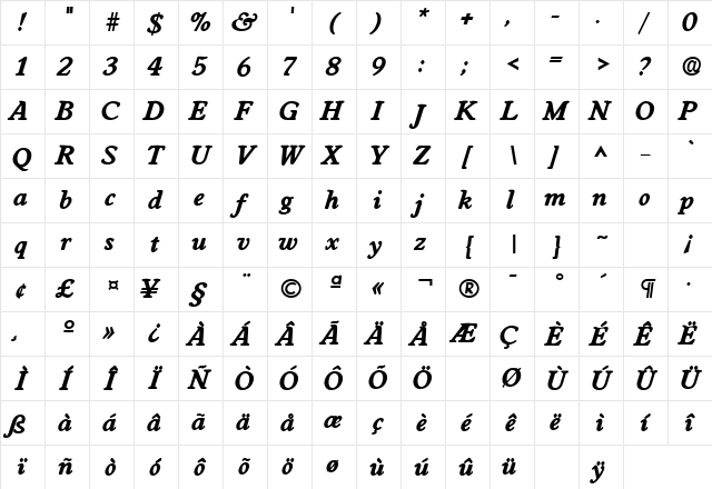 WorcesterLH Bold Italic Character Map WorcesterLH Bold Italic Character Map