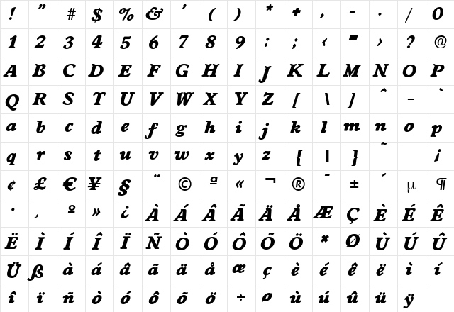 WorcesterSerial-Heavy Italic Character Map