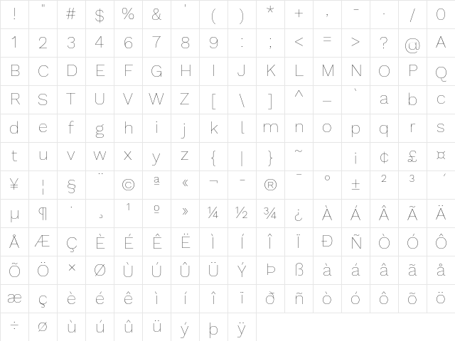 Work Sans Thin Regular Character Map