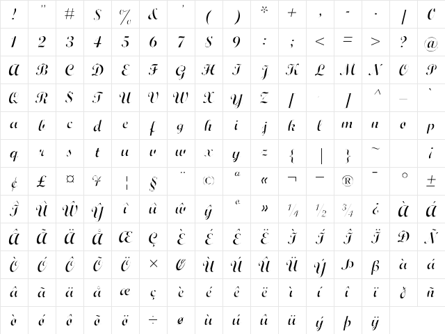 Wrexham Script Light Light Character Map