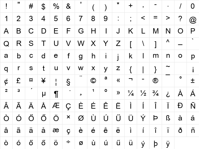 H-Arial Regular Character Map