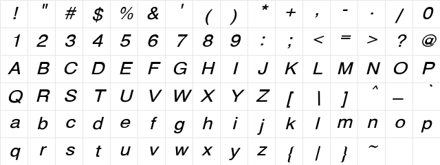 Bern Expanded Oblique  3 Regular Character Map
