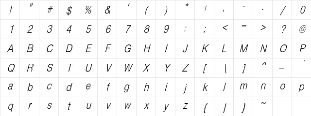 Bern Oblique Condensed 2 Regular Character Map