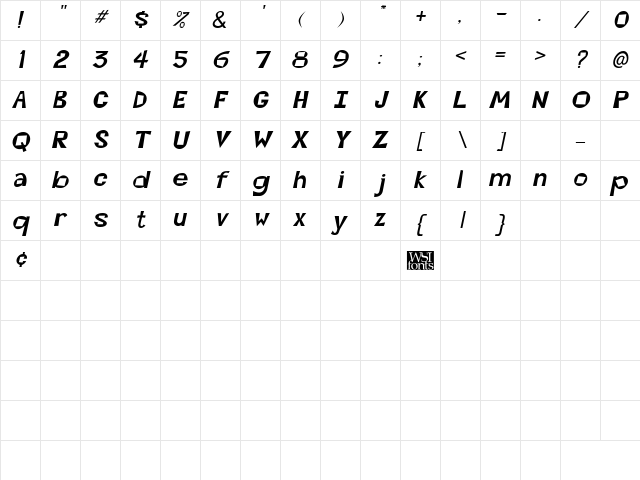 Kwirky Bold Italic Character Map