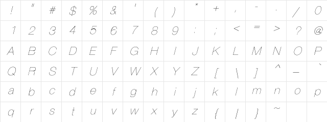 Bern Oblique Very Lite Regular Character Map