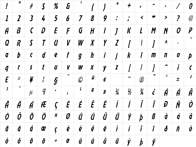 XanadauCondensed Oblique Character Map
