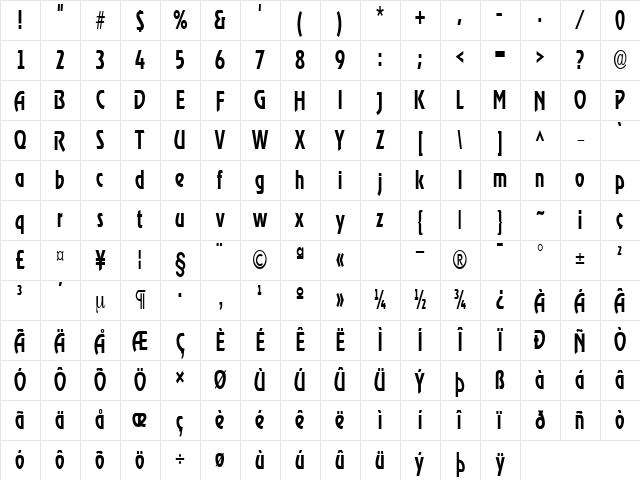 XanadauCondensed Regular Character Map