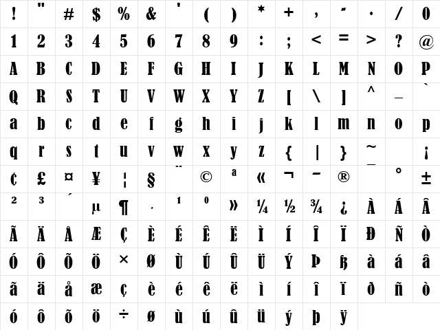 Bernard MT Condensed Regular Character Map Bernard MT Condensed Regular Character Map