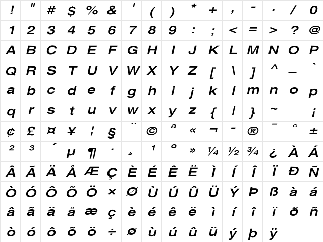 Xerox Sans Serif Wide Bold Oblique Character Map