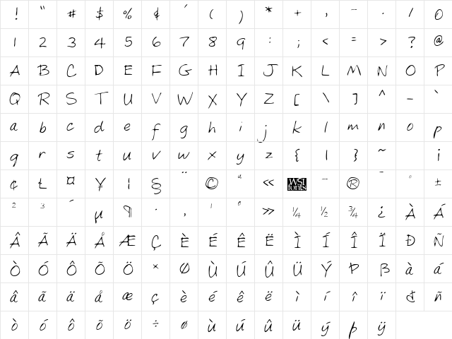 KylesHand Regular Character Map