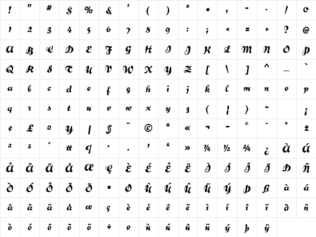 Bernhard Brushscript Regular Character Map