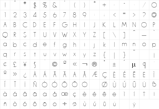 L &amp; C Hairline Regular Character Map