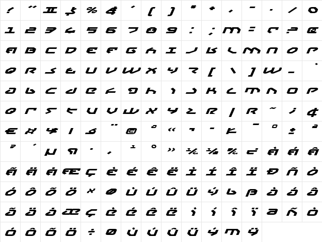 Yahren Expanded Italic Expanded Italic Character Map
