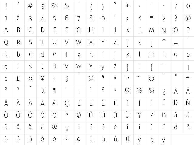 Yaldevi Colombo ExtraLight Character Map