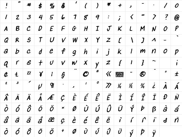 YanksHand Bold Italic Character Map