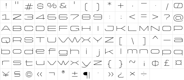 Yapari ExtLt Wide Regular Character Map