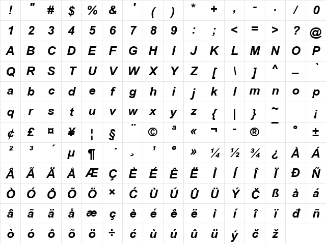 Arial YU Bold Italic Character Map