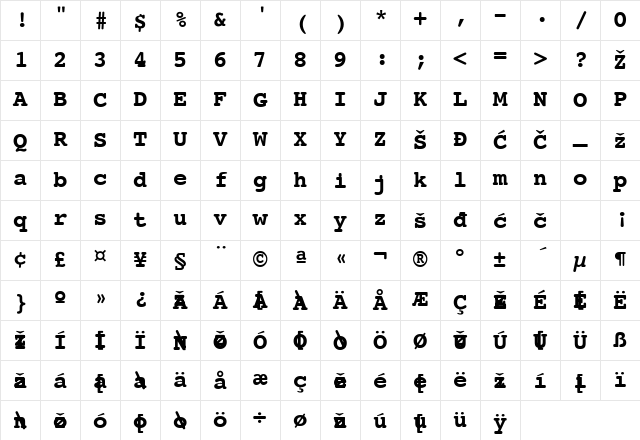 CourierYU Bold Character Map CourierYU Bold Character Map