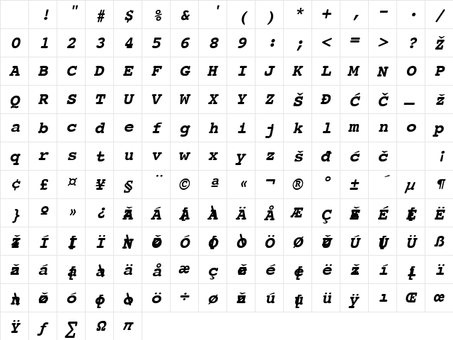 CourierYU Bold-Italic Character Map CourierYU Bold-Italic Character Map