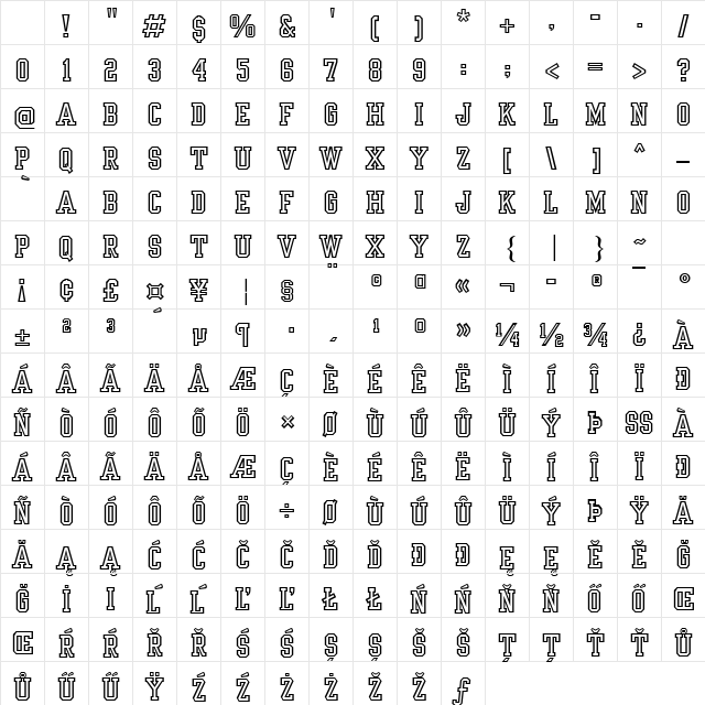Yearbook Outline Regular Character Map