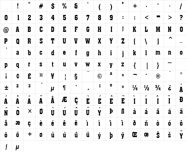 Ache Condensed Bold Character Map Ache Condensed Bold Character Map