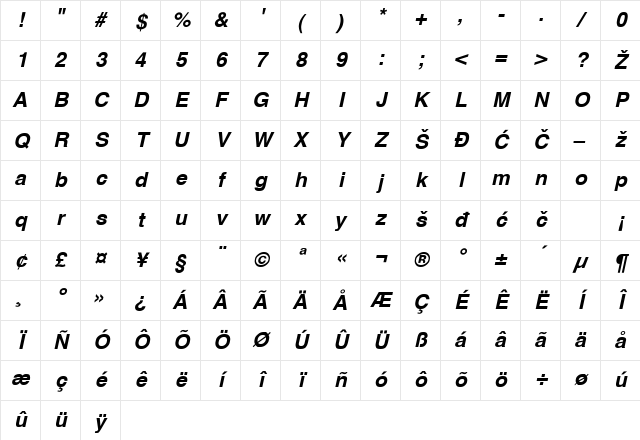 HelveticaYu Bold-Italic Character Map HelveticaYu Bold-Italic Character Map