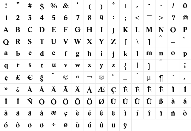 L730-Roman Bold Character Map