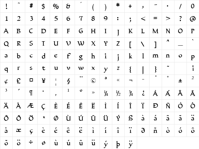 Yngreena Bold Character Map