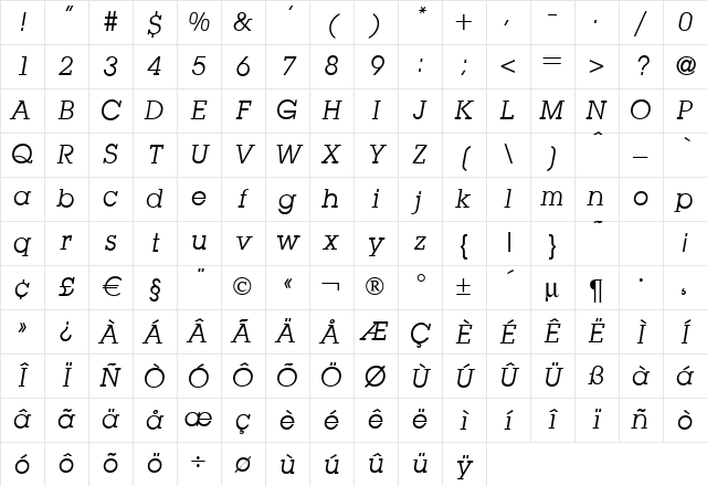 L850-Slab Italic Character Map