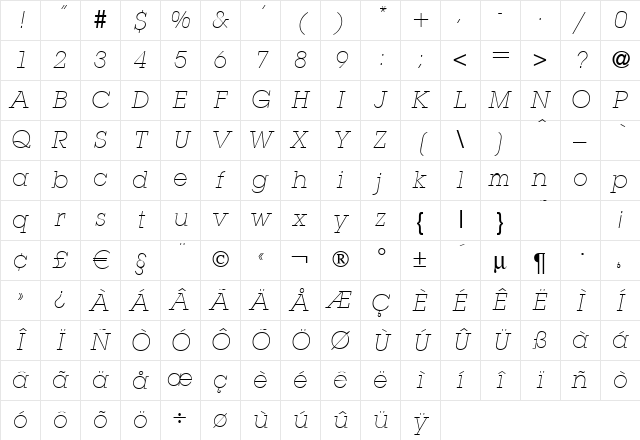 L850-Slab-Light Italic Character Map