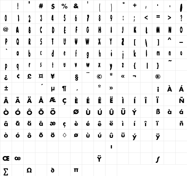 Young American 1 Regular Character Map Young American 1 Regular Character Map