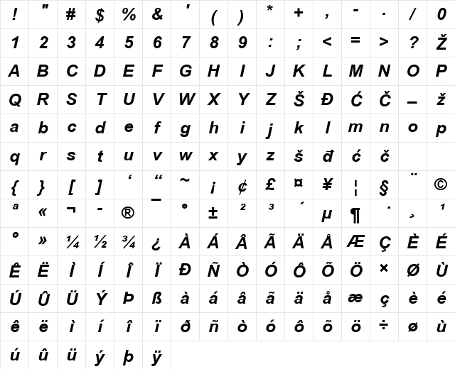Arial2 Bold Italic Character Map