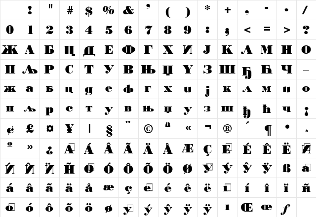 Yu C Bodoni Poster Regular Character Map