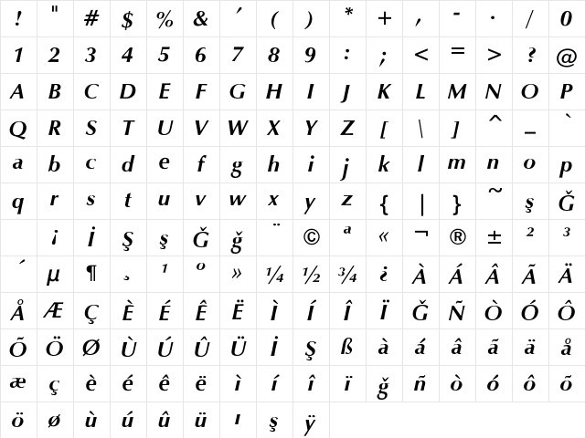 Zapf_ Humanist Bold Italic Character Map