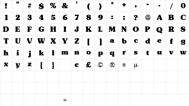 BerraDisplaySSK Regular Character Map