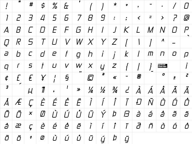 Zekton Italic Character Map Zekton Italic Character Map
